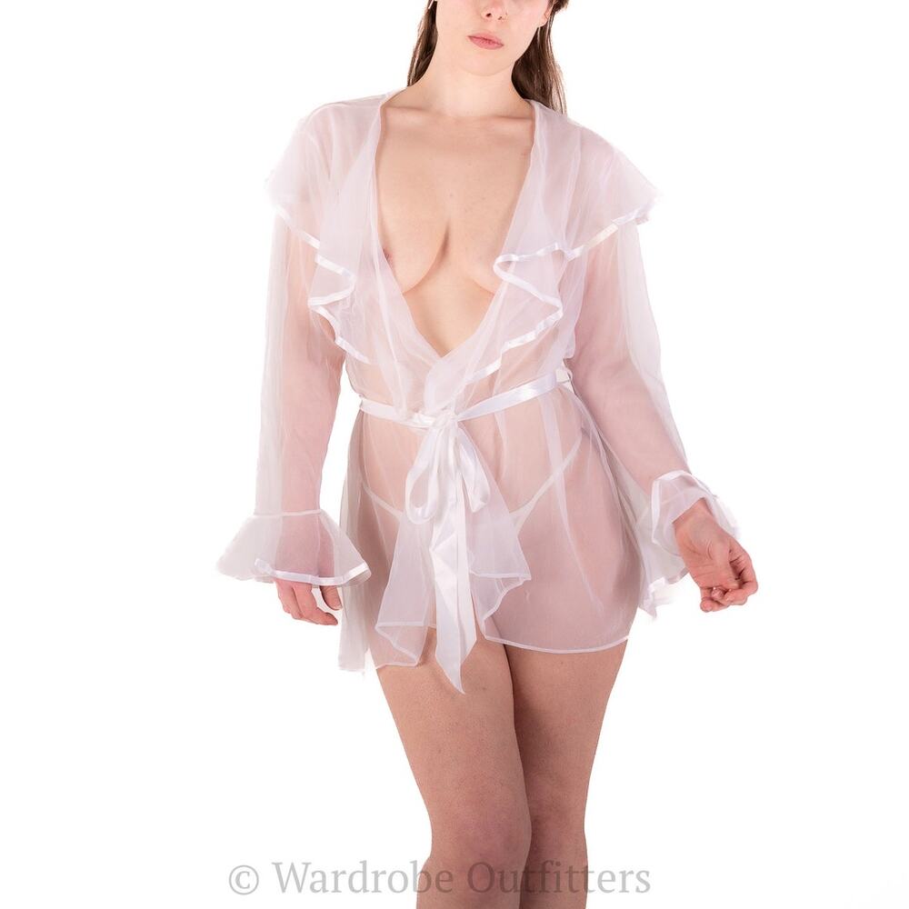 White Sheer Mesh Lace Belted Robe Lingerie